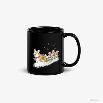 Corgi Mug – Unisex Black Mug Classic – Riding a Sled with Puppies (on White Background)