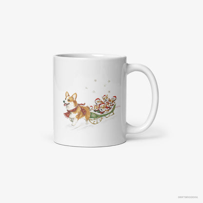 Corgi Riding a Sled with Puppies White Mug