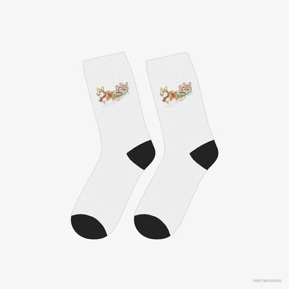 Corgi Socks – Unisex White Socks Classic – Riding a Sled with Puppies (on White Background)