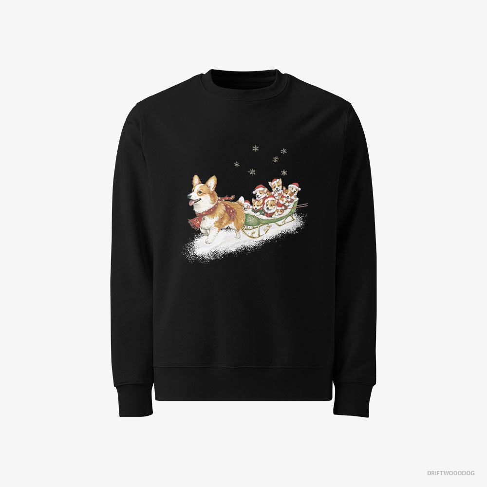 Corgi Sweatshirt – Men Black Sweatshirt Classic – Riding a Sled with Puppies (on White Background)