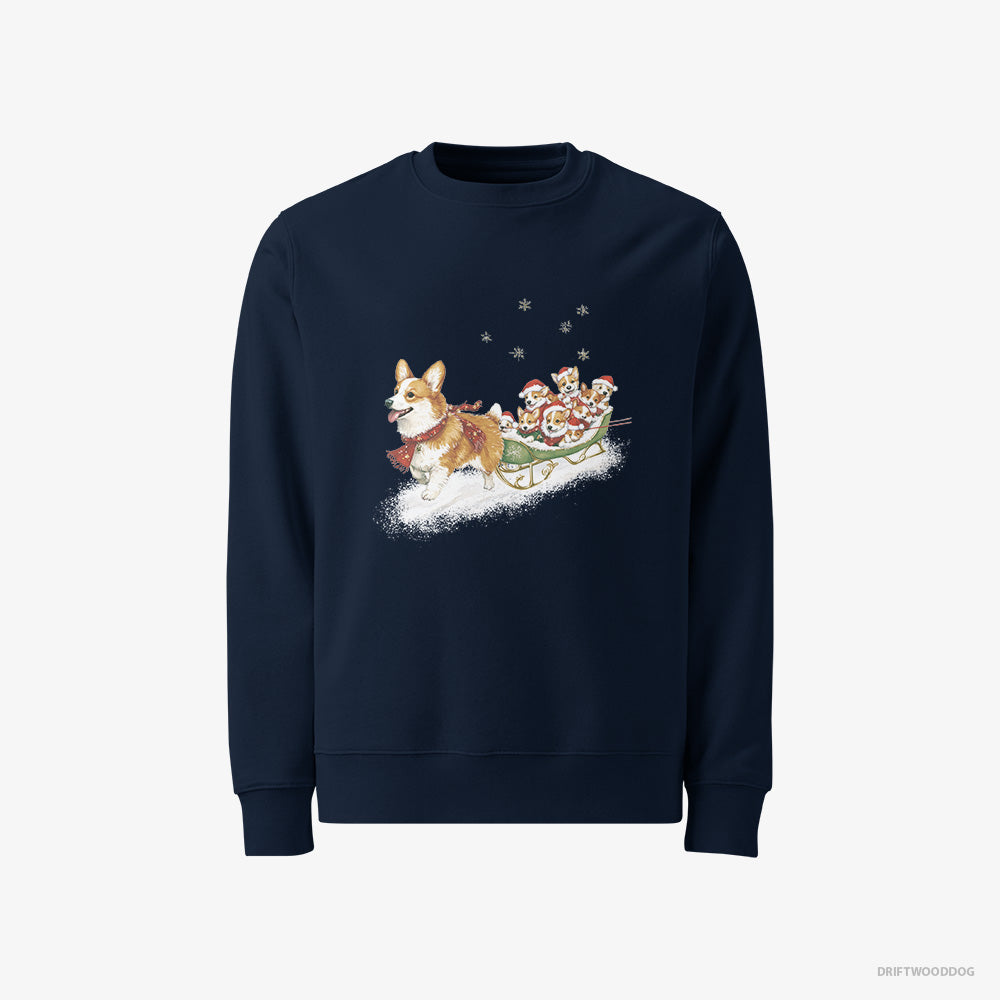 Corgi Sweatshirt – Men Navy Sweatshirt Classic – Riding a Sled with Puppies (on White Background)