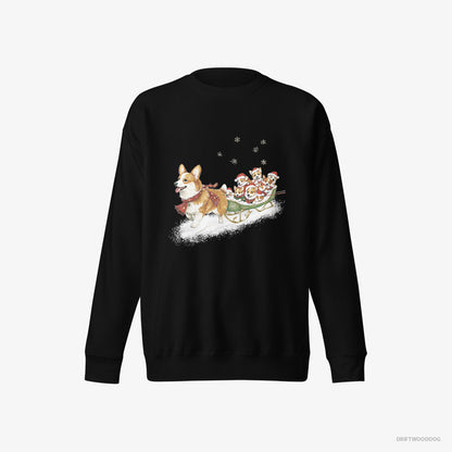 Corgi Sweatshirt – Men Black Sweatshirt Eco-Friendly – Riding a Sled with Puppies (on White Background)