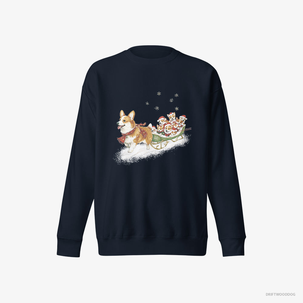 Corgi Sweatshirt – Men Navy Sweatshirt Eco-Friendly – Riding a Sled with Puppies (on White Background)