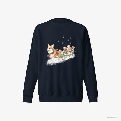 Corgi Riding a Sled with Puppies Navy Sweatshirt