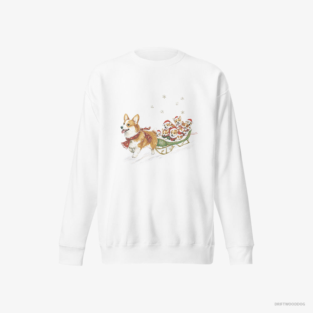 Corgi Sweatshirt – Men White Sweatshirt Eco-Friendly – Riding a Sled with Puppies (on White Background)