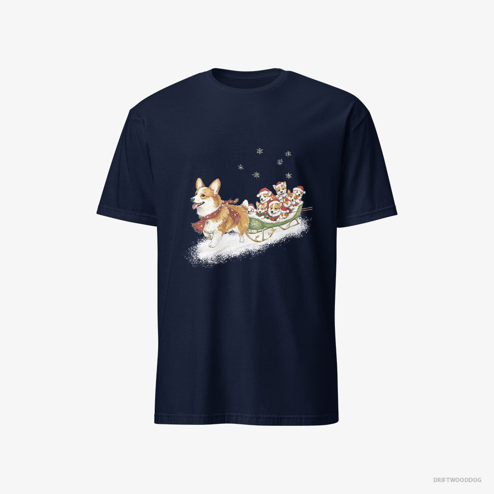 Corgi T-Shirt – Men Navy T-Shirt Classic – Riding a Sled with Puppies (on White Background)