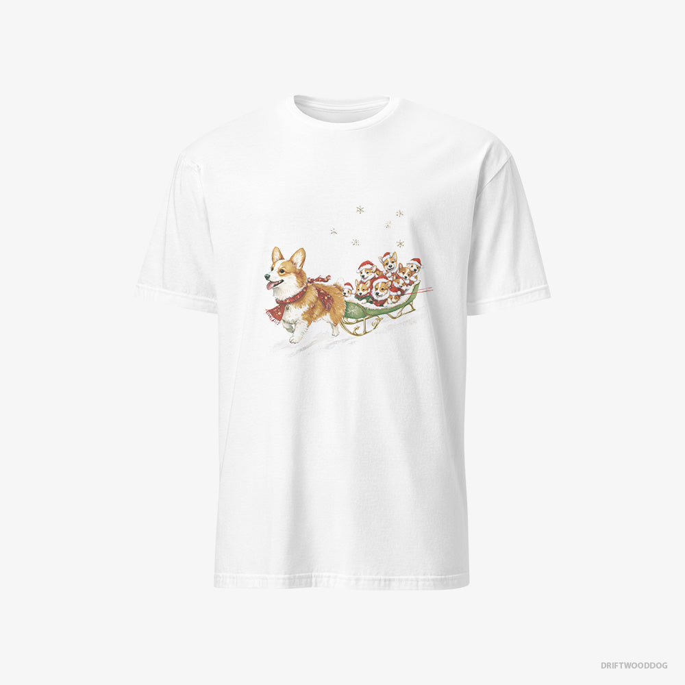 Corgi T-Shirt – Men White T-Shirt Classic – Riding a Sled with Puppies (on White Background)