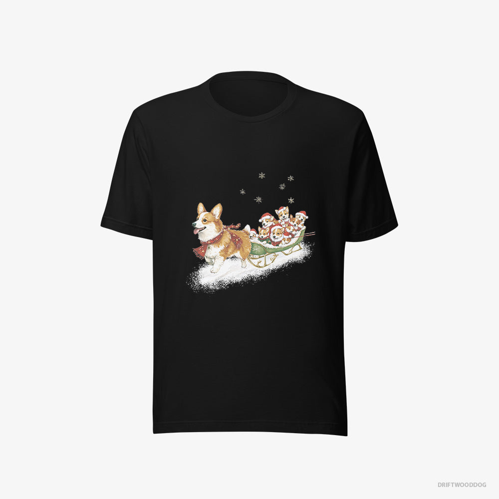 Corgi T-Shirt – Men Black T-Shirt Eco-Friendly – Riding a Sled with Puppies (on White Background)