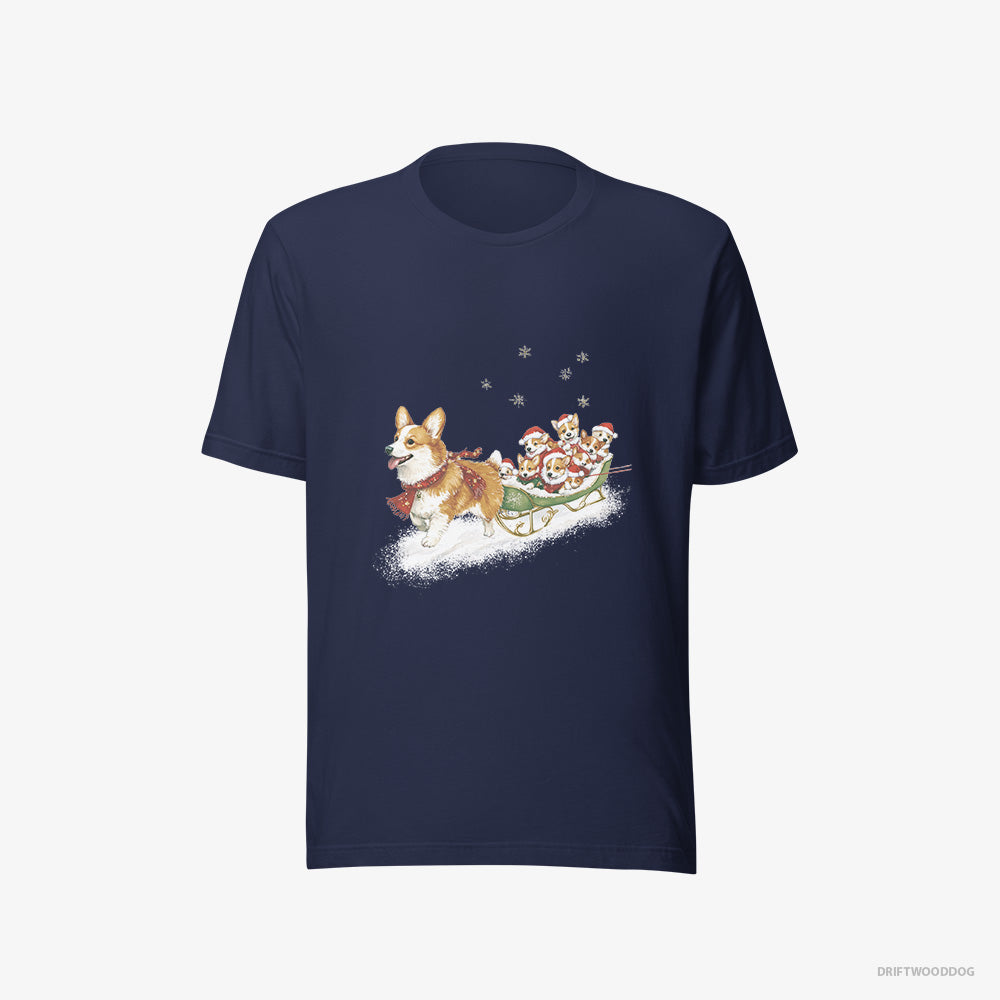 Corgi T-Shirt – Women Navy T-Shirt Eco-Friendly – Riding a Sled with Puppies (on White Background)