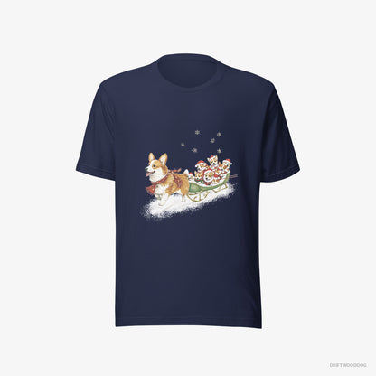 Corgi Riding a Sled with Puppies Navy T-Shirt