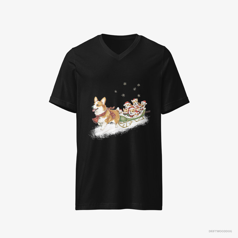 Corgi T-Shirt – Men Black T-Shirt V-Neck – Riding a Sled with Puppies (on White Background)