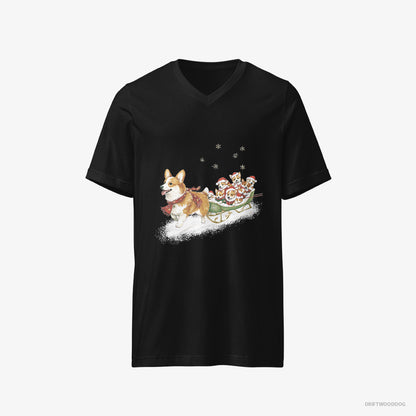 Corgi T-Shirt – Men Black T-Shirt V-Neck – Riding a Sled with Puppies (on White Background)