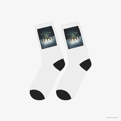 Dachshund Socks – Unisex White Socks Classic – Puppies Dancing around Christmas Tree (on White Background)