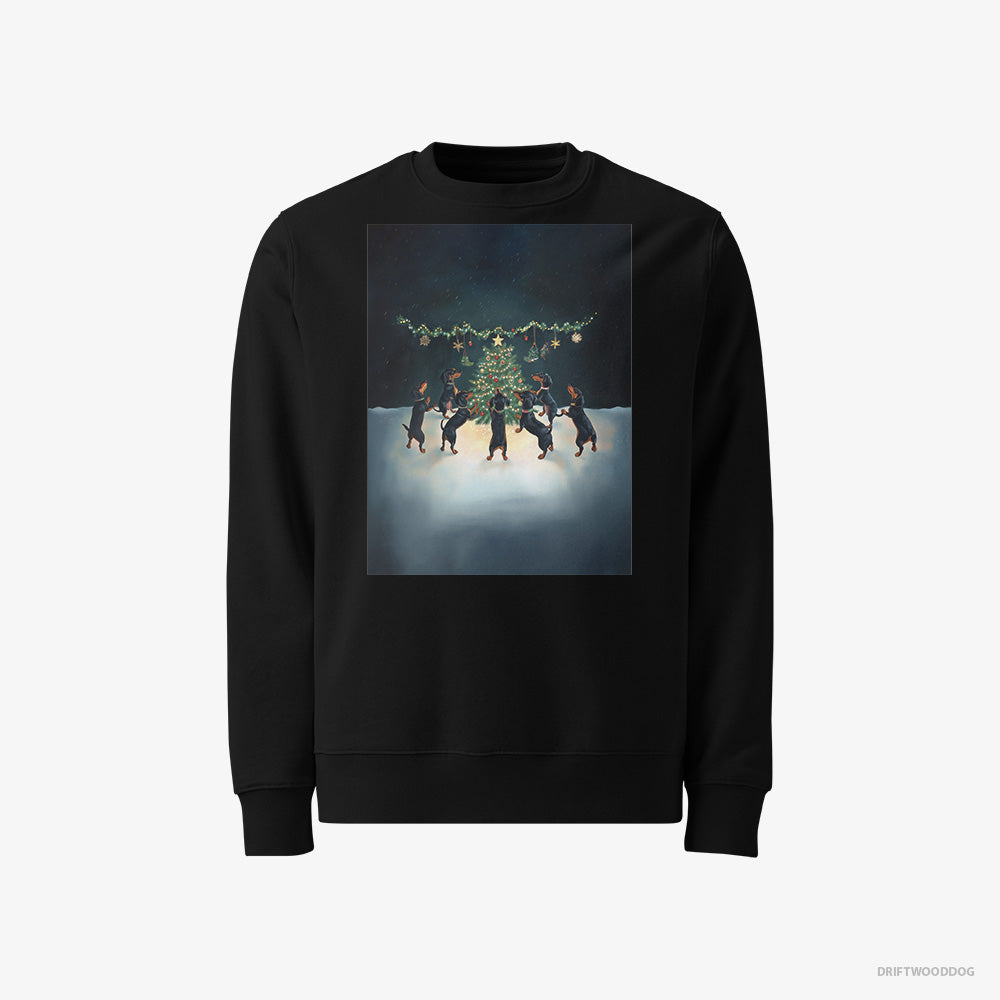 Dachshund Sweatshirt – Men Black Sweatshirt Classic – Puppies Dancing around Christmas Tree (on White Background)