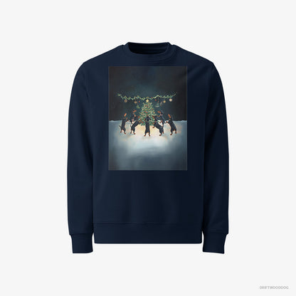 Dachshund Sweatshirt – Men Navy Sweatshirt Classic – Puppies Dancing around Christmas Tree (on White Background)