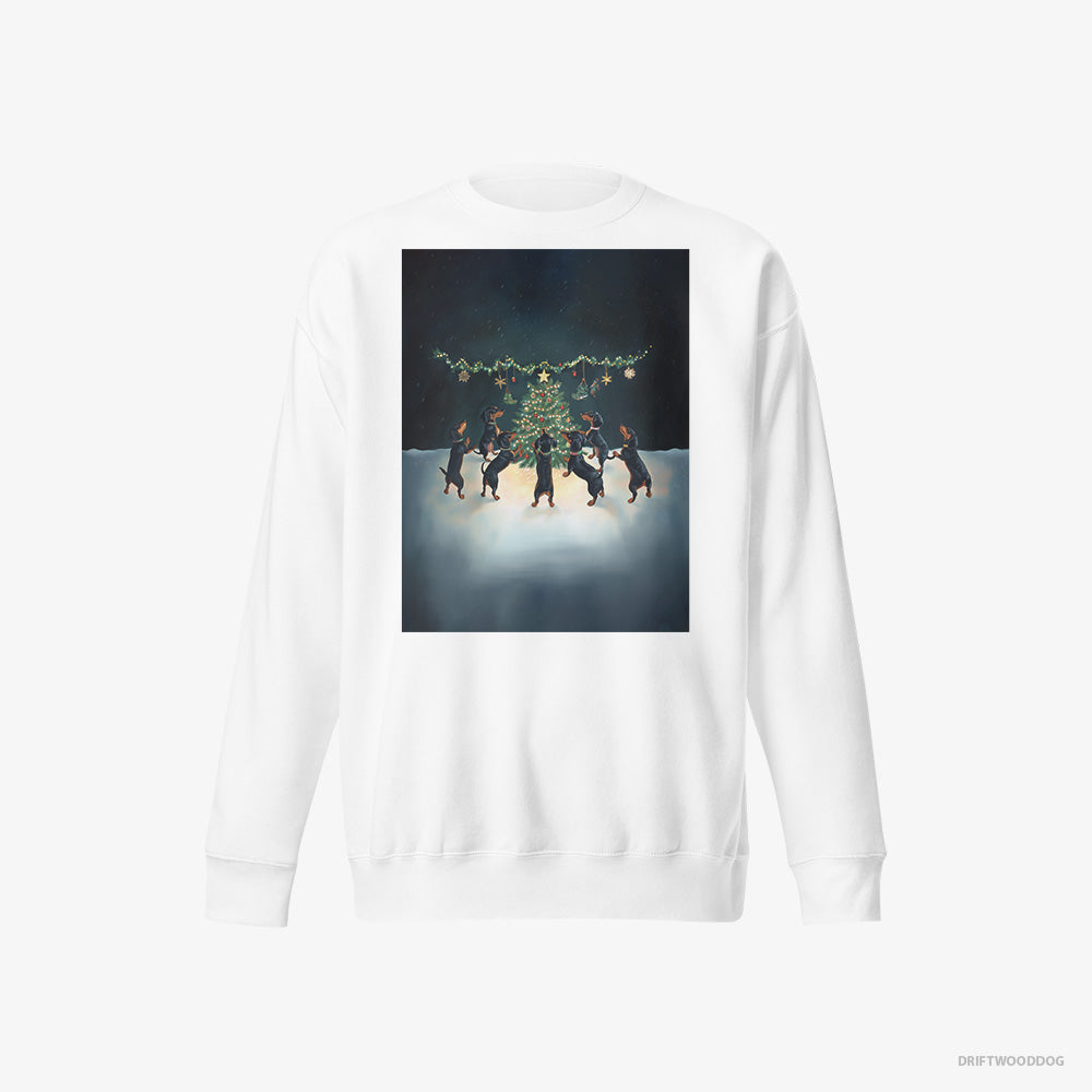 Dachshund Sweatshirt – Men White Sweatshirt Eco-Friendly – Puppies Dancing around Christmas Tree (on White Background)