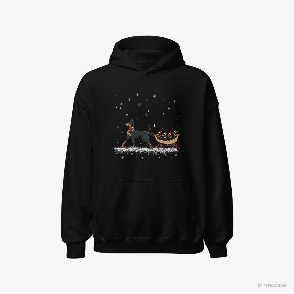 Dobermann Hoodie – Women Black Hoodie Classic – Pulling Puppies on a Sled (on White Background)