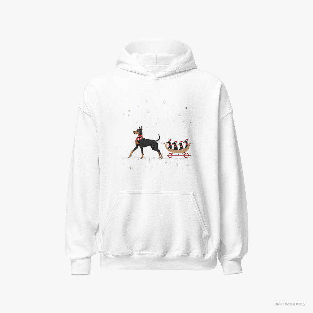 Dobermann Hoodie – Men White Hoodie Classic – Pulling Puppies on a Sled (on White Background)