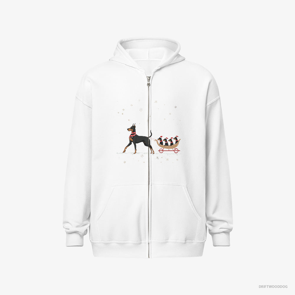 Dobermann Hoodie – Men White Hoodie Full-Zip – Pulling Puppies on a Sled (on White Background)