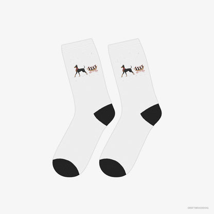 Dobermann Socks – Unisex White Socks Classic – Pulling Puppies on a Sled (on White Background)