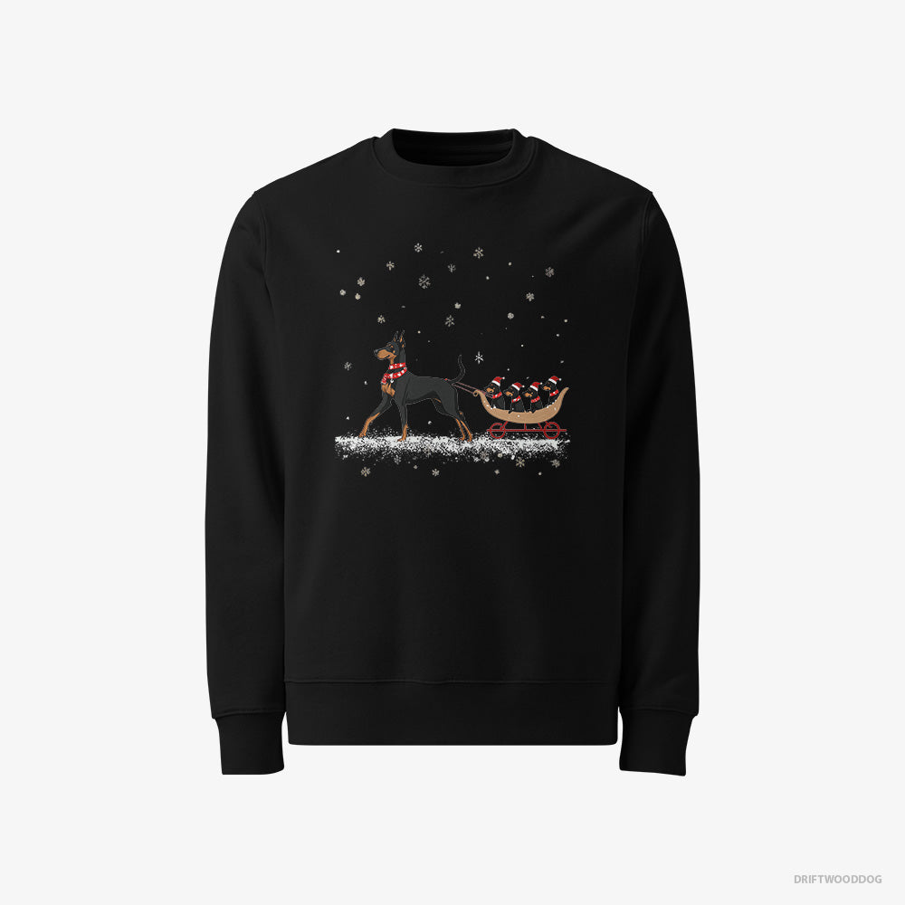 Dobermann Sweatshirt – Women Black Sweatshirt Classic – Pulling Puppies on a Sled (on White Background)