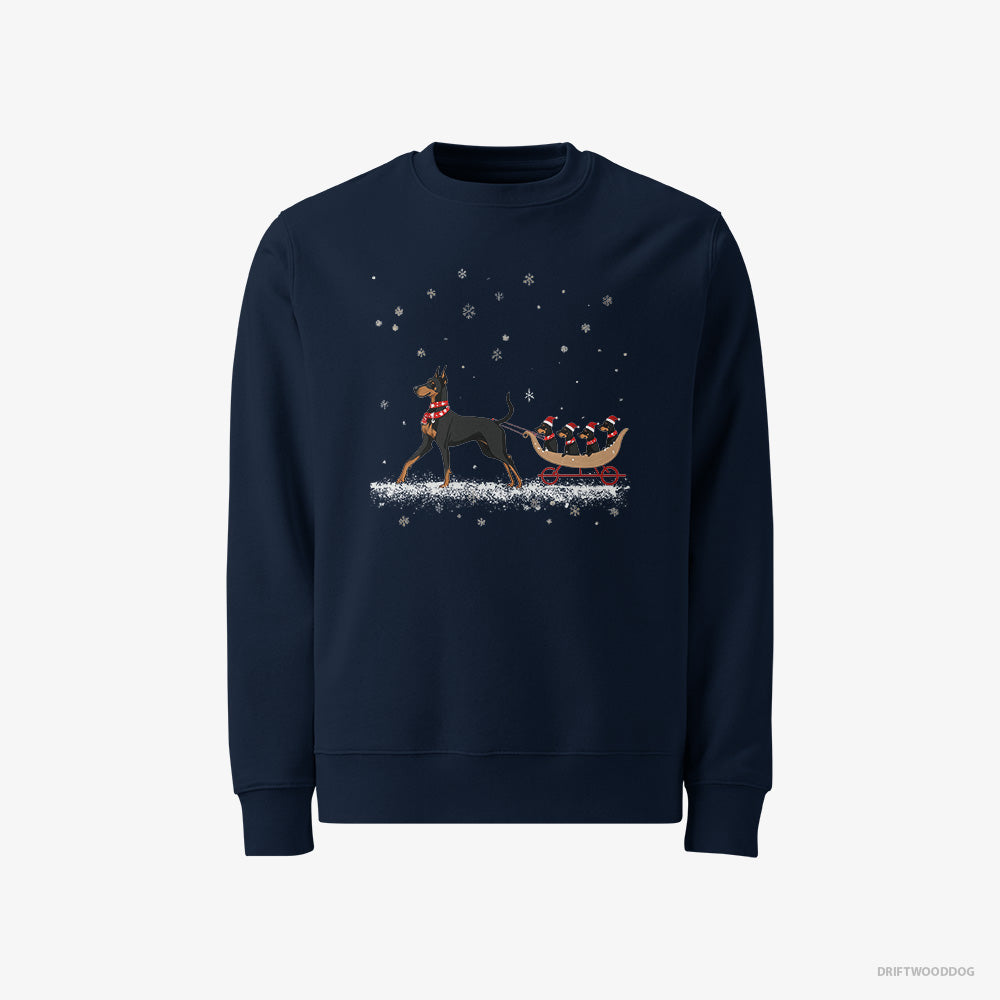 Dobermann Sweatshirt – Men Navy Sweatshirt Classic – Pulling Puppies on a Sled (on White Background)