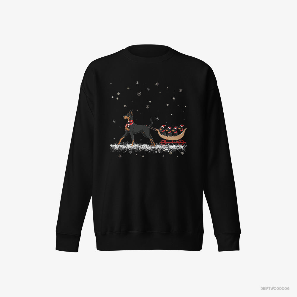 Dobermann Sweatshirt – Women Black Sweatshirt Eco-Friendly – Pulling Puppies on a Sled (on White Background)