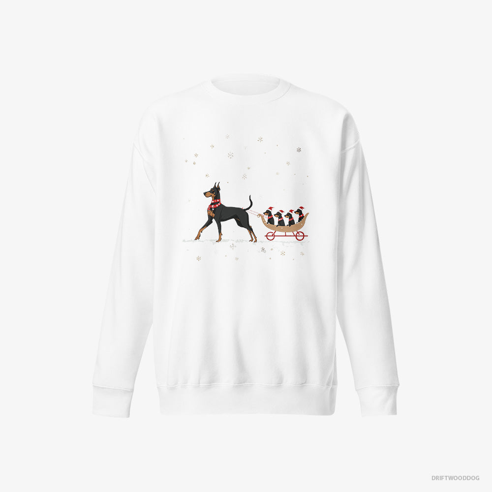 Dobermann Sweatshirt – Women White Sweatshirt Eco-Friendly – Pulling Puppies on a Sled (on White Background)