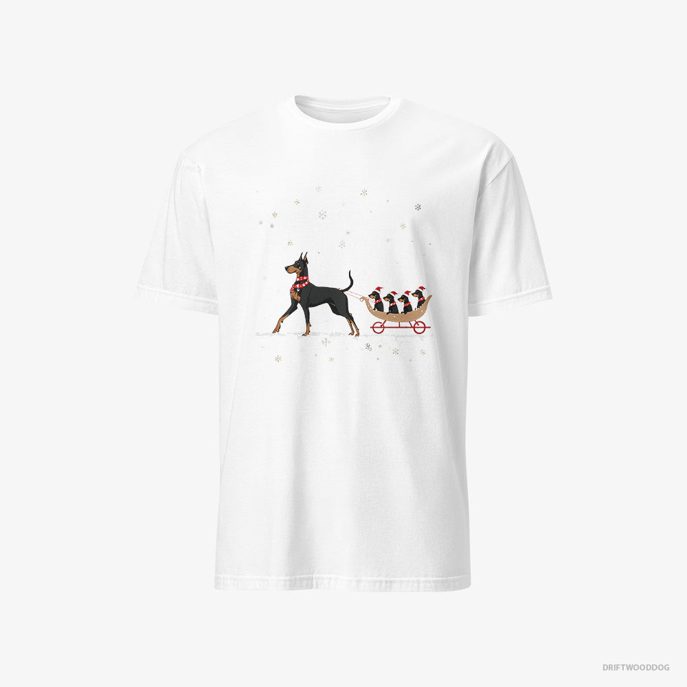 Dobermann T-Shirt – Men White T-Shirt Classic – Pulling Puppies on a Sled (on White Background)