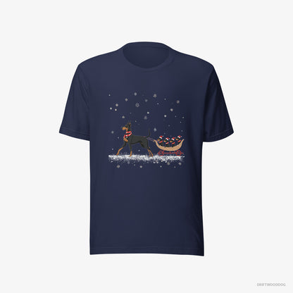 Dobermann T-Shirt – Men Navy T-Shirt Eco-Friendly – Pulling Puppies on a Sled (on White Background)