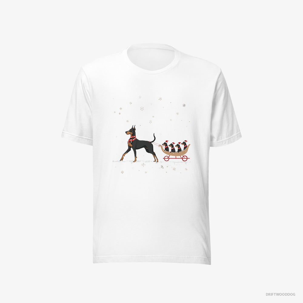 Dobermann T-Shirt – Men White T-Shirt Eco-Friendly – Pulling Puppies on a Sled (on White Background)