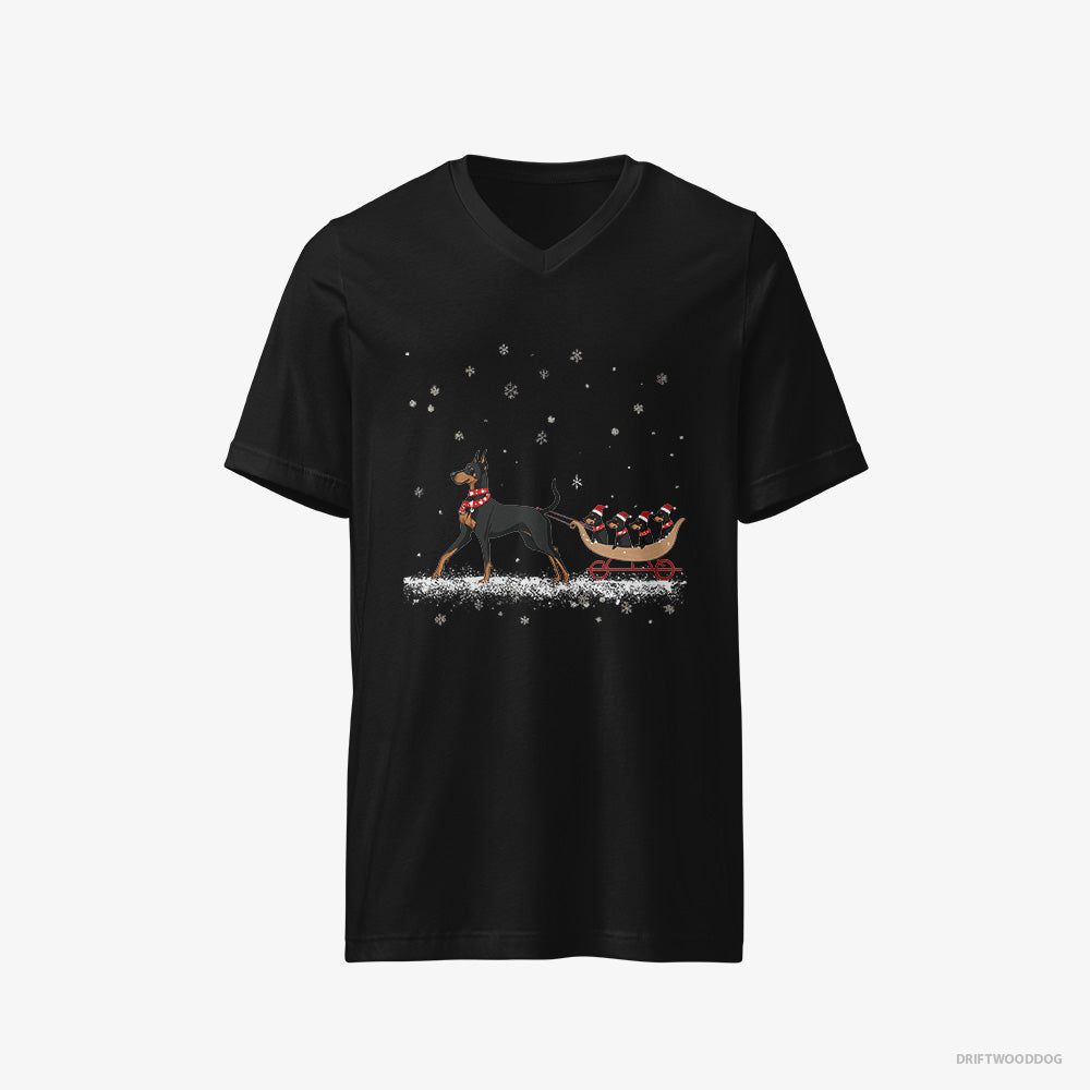 Dobermann T-Shirt – Men Black T-Shirt V-Neck – Pulling Puppies on a Sled (on White Background)