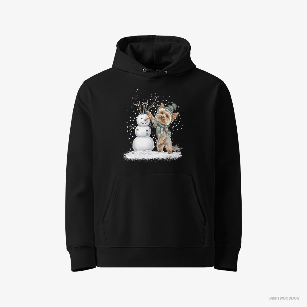 Yorkshire Terrier Hoodie – Men Black Hoodie Eco-Friendly – Building a Snowman (on White Background)