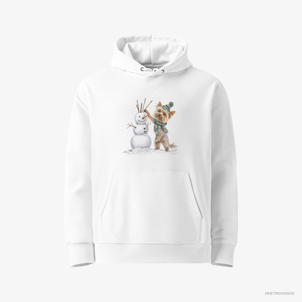 Yorkshire Terrier Hoodie – Women White Hoodie Eco-Friendly – Building a Snowman (on White Background)