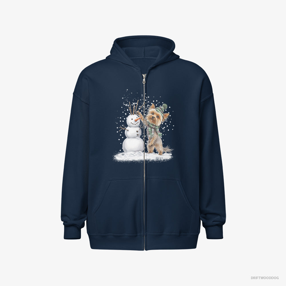 Yorkshire Terrier Hoodie – Men Navy Hoodie Full-Zip – Building a Snowman (on White Background)