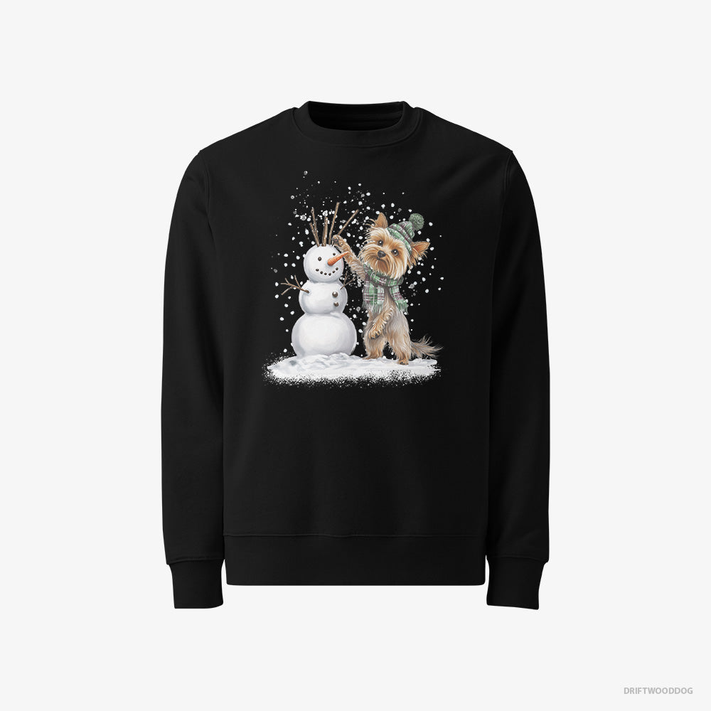 Yorkshire Terrier Sweatshirt – Men Black Sweatshirt Classic – Building a Snowman (on White Background)