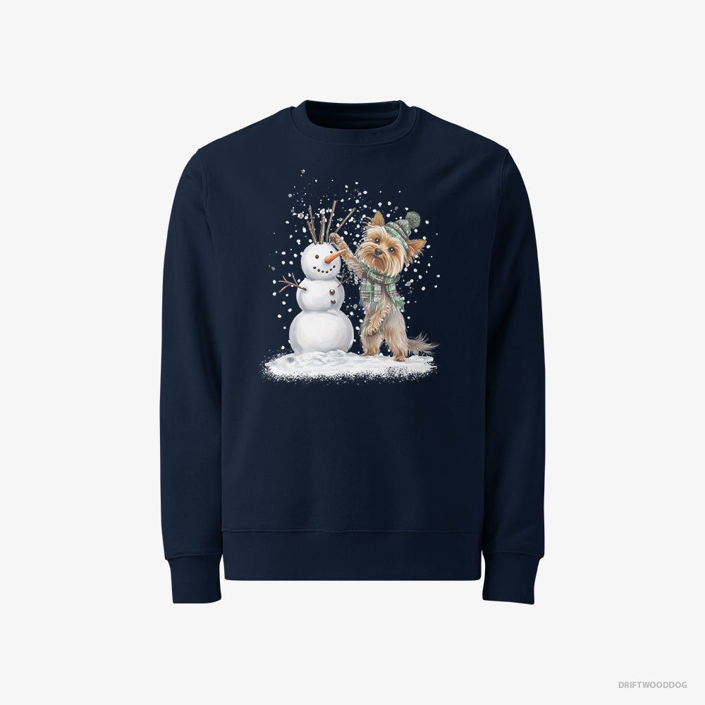 Yorkshire Terrier Sweatshirt – Men Navy Sweatshirt Classic – Building a Snowman (on White Background)