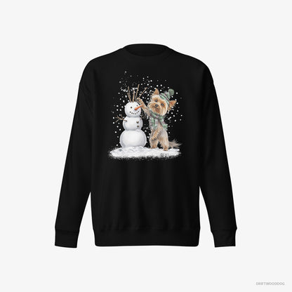 Yorkshire Terrier Sweatshirt – Men Black Sweatshirt Eco-Friendly – Building a Snowman (on White Background)