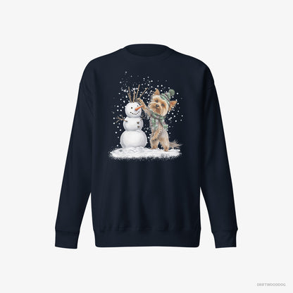 Yorkshire Terrier Building a Snowman Navy Sweatshirt