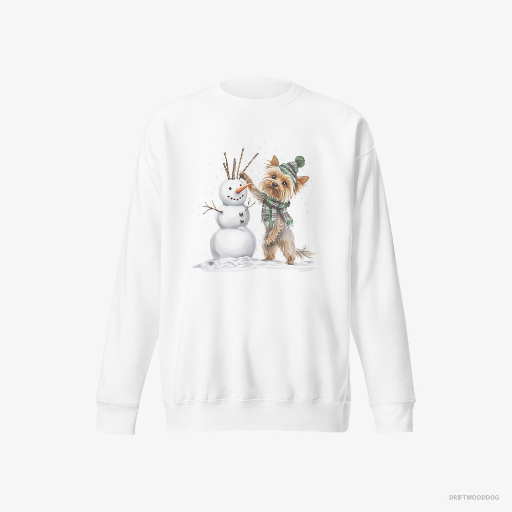 Yorkshire Terrier Sweatshirt – Men White Sweatshirt Eco-Friendly – Building a Snowman (on White Background)