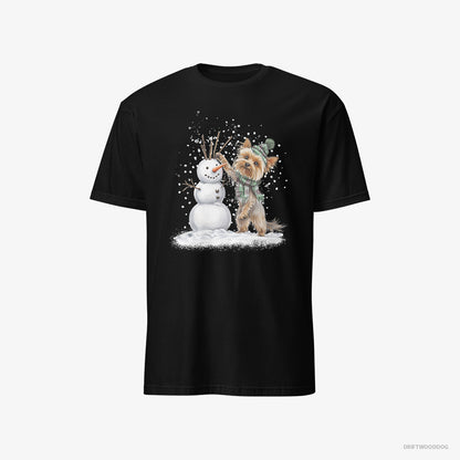 Yorkshire Terrier Building a Snowman Black T-Shirt