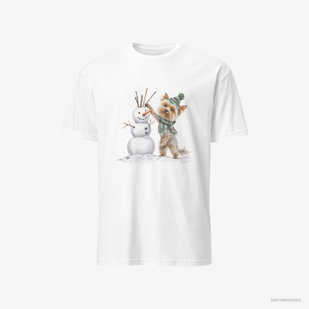 Yorkshire Terrier T-Shirt – Men White T-Shirt Classic – Building a Snowman (on White Background)