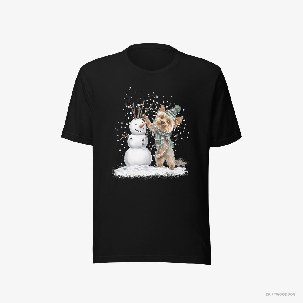 Yorkshire Terrier T-Shirt – Men Black T-Shirt Eco-Friendly – Building a Snowman (on White Background)