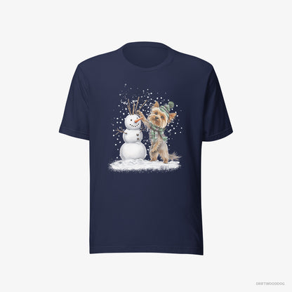 Yorkshire Terrier T-Shirt – Men Navy T-Shirt Eco-Friendly – Building a Snowman (on White Background)