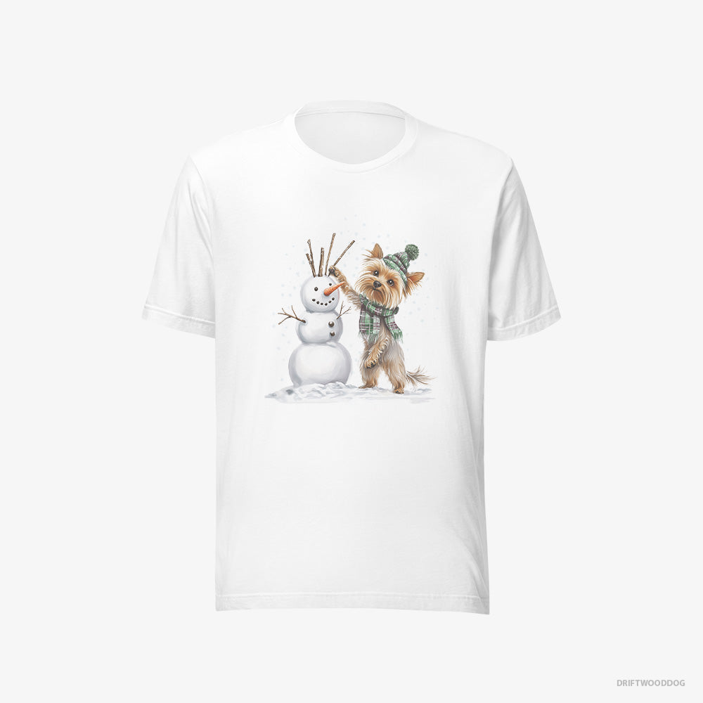 Yorkshire Terrier T-Shirt – Men White T-Shirt Eco-Friendly – Building a Snowman (on White Background)