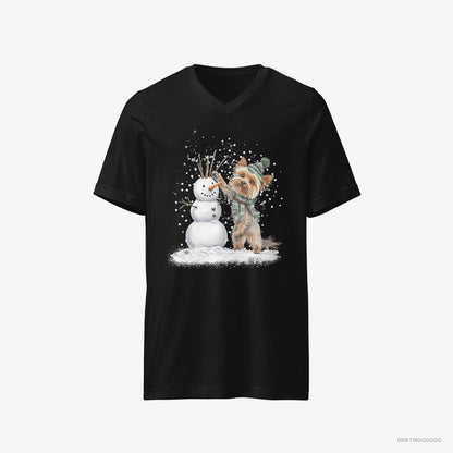 Yorkshire Terrier T-Shirt – Men Black T-Shirt V-Neck – Building a Snowman (on White Background)