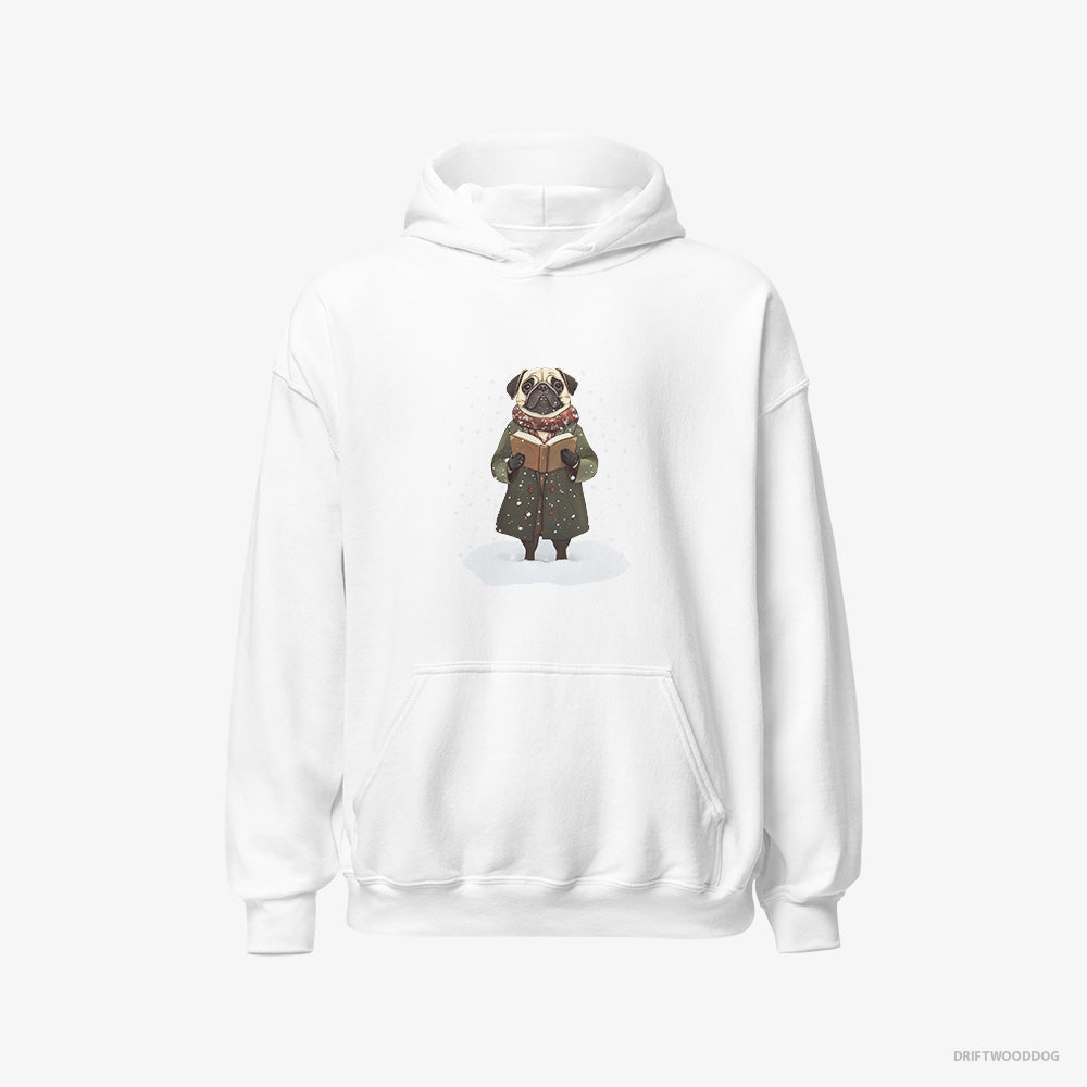 Pug Hoodie – Men White Hoodie Classic – Singing Christmas Carols (on White Background)