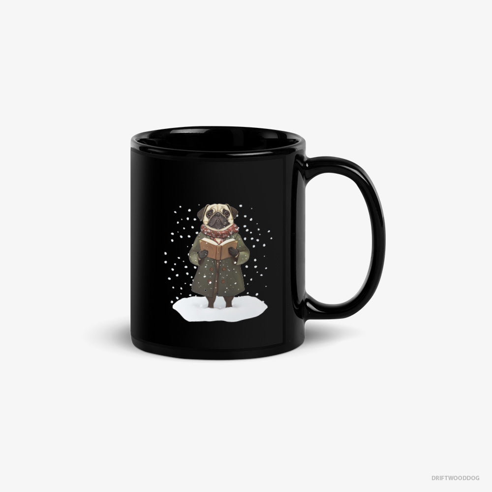 Pug Mug – Unisex Black Mug Classic – Singing Christmas Carols (on White Background)