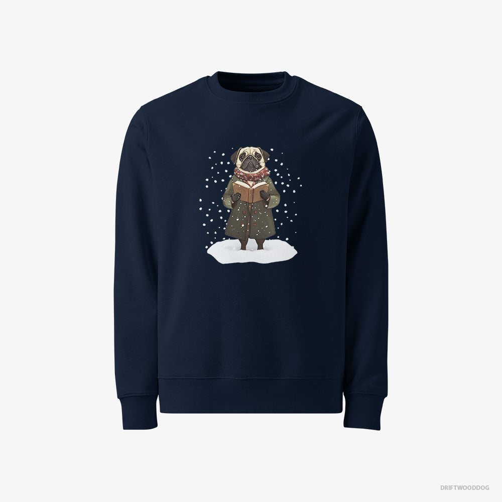 Pug Sweatshirt – Men Navy Sweatshirt Classic – Singing Christmas Carols (on White Background)