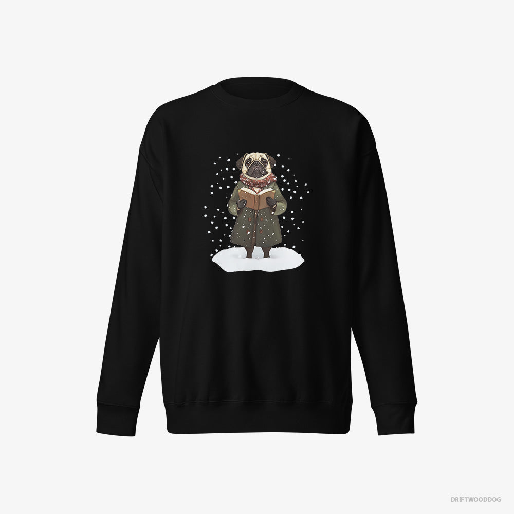 Pug Sweatshirt – Men Black Sweatshirt Eco-Friendly – Singing Christmas Carols (on White Background)